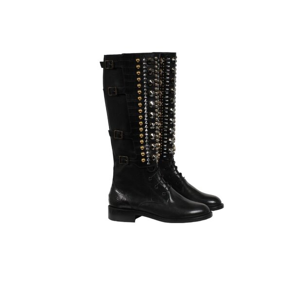 Rene Caovilla Combat Boots US 7 EU 37 Black LeatherCroc Embossed Crystal Studded - Picture 8 of 12